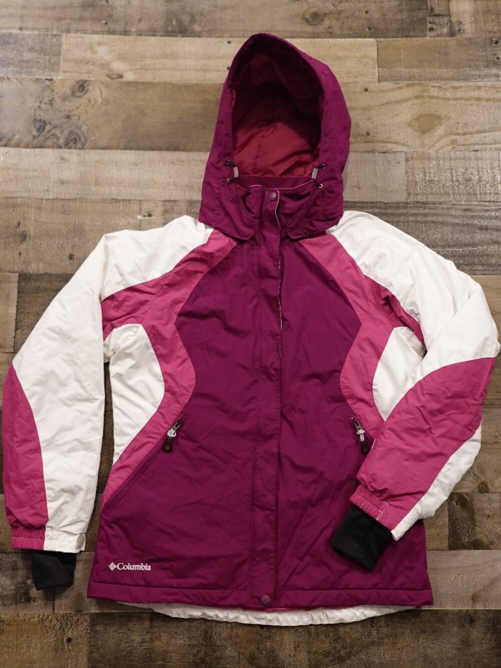 Columbia Waterproof Ski Jacket Women’s Medium Pink White Hooded Winter Coat